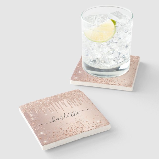 Rose gold glitter dust name script stone coaster (Side)