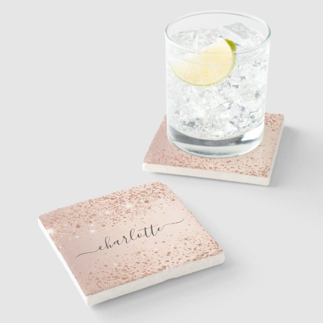 Rose gold glitter dust name script  stone coaster (Side)