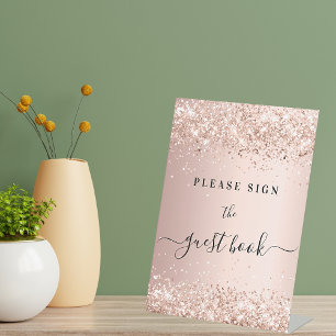 Rose gold glitter dust party guest book sign