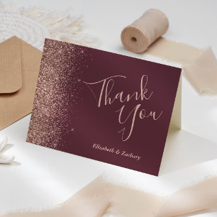 Rose Gold Glitter Edge Burgundy Wedding Thank You Card