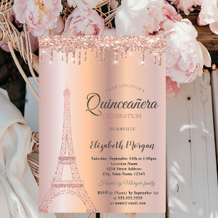 Rose Gold Glitter Eiffel Tower,Drips Quinceañera Invitation