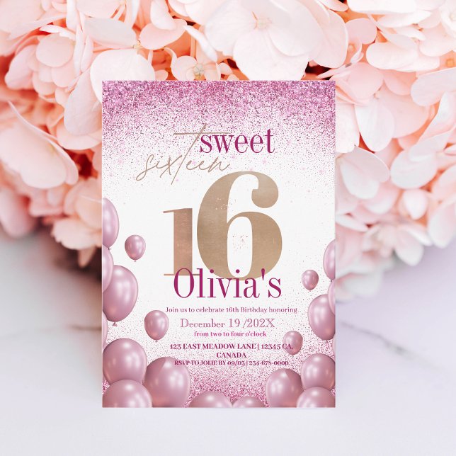 Rose Gold Glitter Elegant Chic Balloons Sweet 16  Invitation (Creator Uploaded)