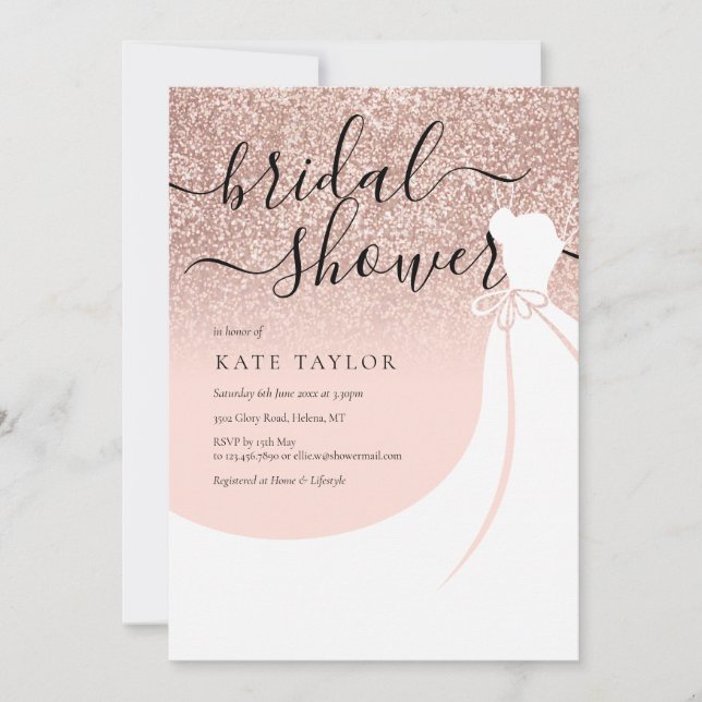 Rose Gold Glitter Elegant Gown Bridal Shower Invitation (Front)
