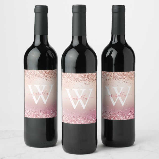 Rose Gold Glitter Elegant Monogram Wine Label (Bottles)