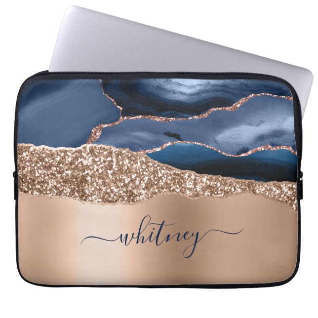 Rose Gold Glitter Elegant Monogrammed Navy Blue Laptop Sleeve (Front)