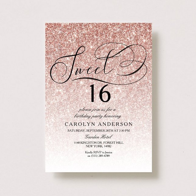 Rose Gold Glitter Elegant Script Sweet 16 Birthday Invitation (Creator Uploaded)