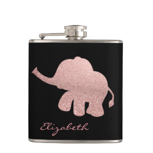 Rose Gold Glitter Elephant, Black - Personalised Hip Flask
