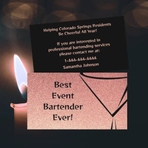 Rose Gold Glitter Event Bartender Business Card