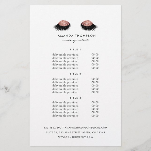 Rose Gold Glitter Eyes Pricing & Services Flyer (Front)
