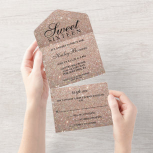 Rose Gold Glitter Fab Sweet Sixteen All In One Invitation
