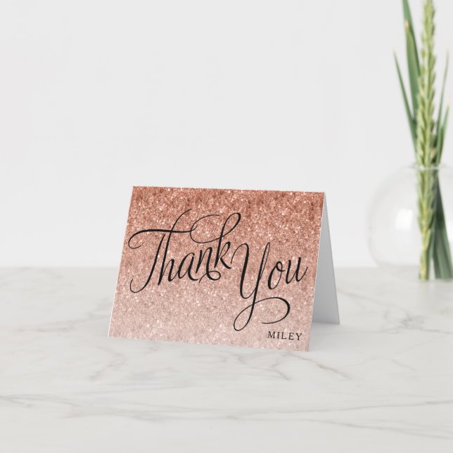 Rose Gold Glitter Fancy Script Thank You Card (Front)