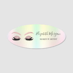 Rose Gold Glitter Faux Lashes Holographic Name Tag