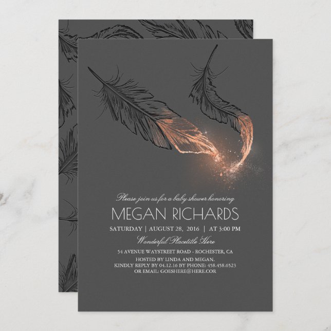 Rose Gold Glitter Feathers Elegant Baby Shower Invitation (Front/Back)