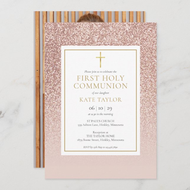 Rose Gold Glitter First Holy Communion Photo Invitation (Front/Back)