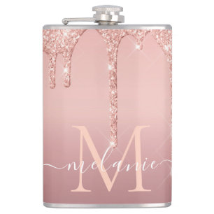 Rose Gold Glitter Flask Custom Name and Letter