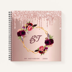 Rose gold glitter floral burgundy monogram notebook