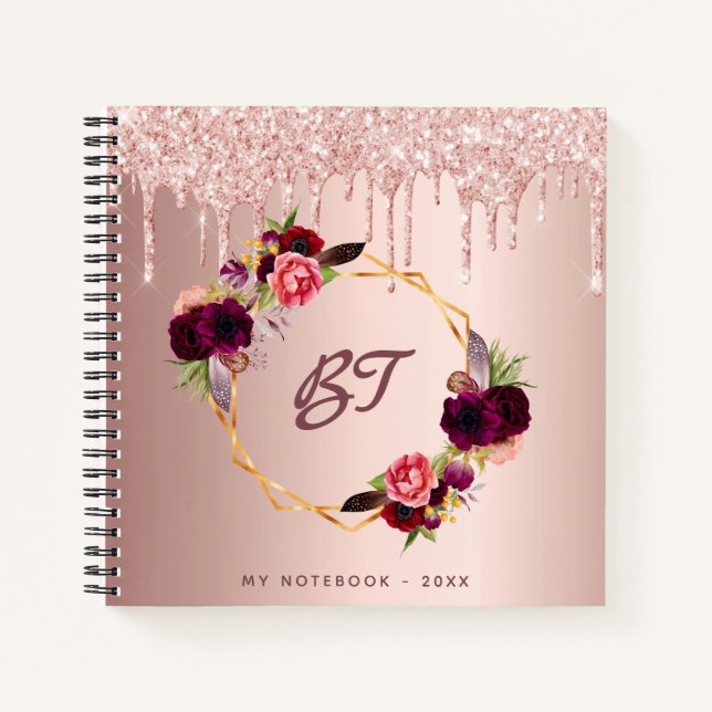 Rose gold glitter floral burgundy monogram notebook (Front)