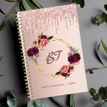 Rose gold glitter floral burgundy monogram planner<br><div class="desc">A faux rose gold metallic looking background with elegant faux rose gold glitter drips,  paint drip look. Decorated with a faux gold geometric frame and burgundy and pink flowers,  florals. Personalise and add your monogram letters,  initials and a text,  title. Perfect for school,  work or organising your personal/family life.</div>