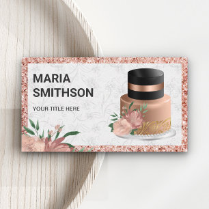 Rose Gold Glitter Floral Cake Pastry Chef Bakery Business Card