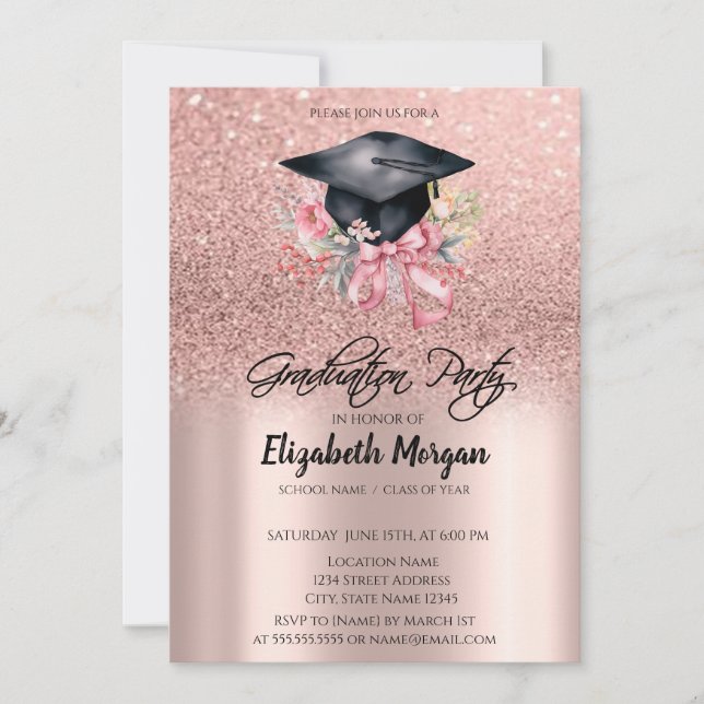 Rose Gold Glitter Floral Grad Cap Bow Graduation Invitation (Front)