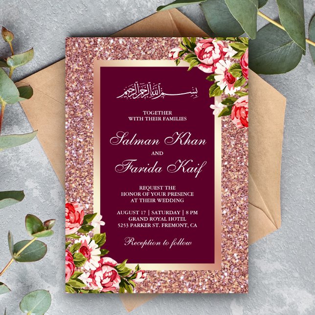 Rose Gold Glitter Floral Islamic Muslim Wedding Invitation (Creator Uploaded)