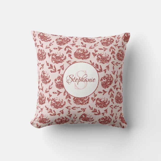 Rose Gold Glitter Floral Monogram Cushion (Front)