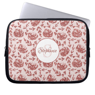 Rose Gold Glitter Floral Monogram Personalised Laptop Sleeve