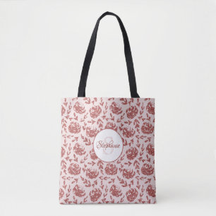 Rose Gold Glitter Floral Monogram Tote Bag