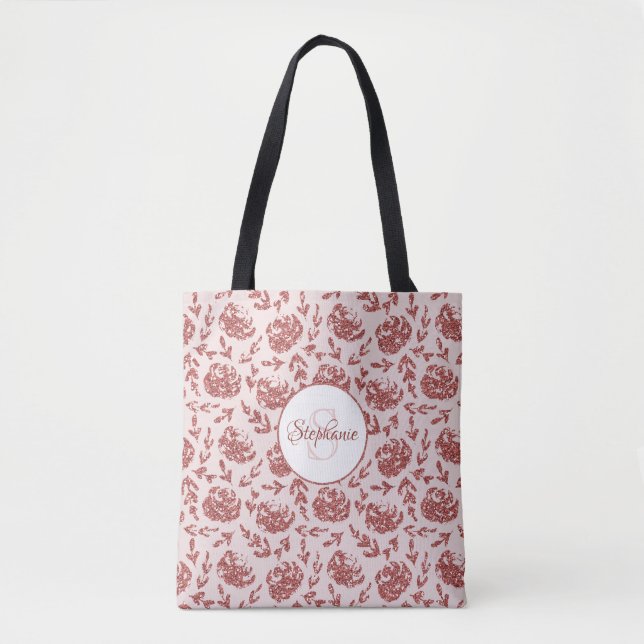 Rose Gold Glitter Floral Monogram Tote Bag (Front)