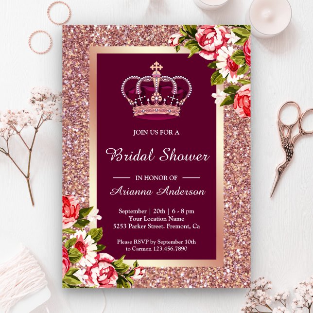 Rose Gold Glitter Floral Princess Bridal Shower Invitation (Creator Uploaded)