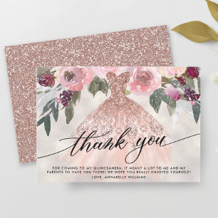 Rose Gold Glitter Floral Quinceañera Thank You Card