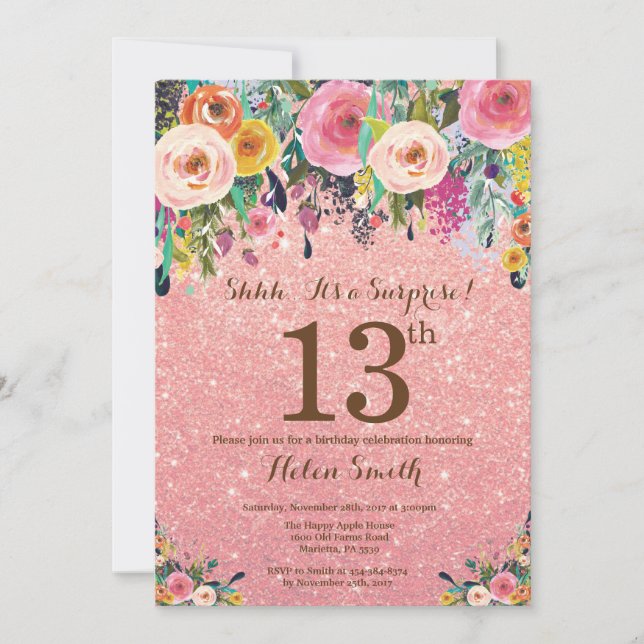 Rose Gold Glitter Floral Surprise 13th Birthday Invitation (Front)
