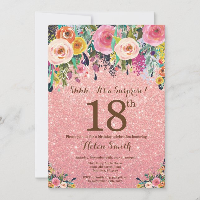 Rose Gold Glitter Floral Surprise 18th Birthday Invitation (Front)