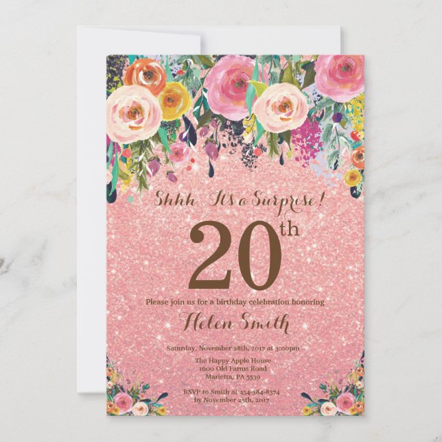Rose Gold Glitter Floral Surprise 20th Birthday Invitation (Front)