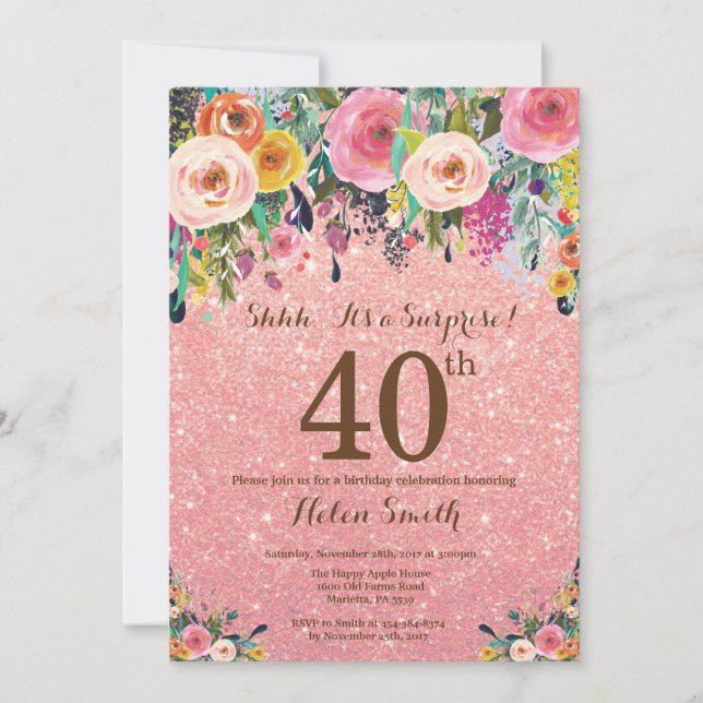 Rose Gold Glitter Floral Surprise 40th Birthday Invitation (Front)