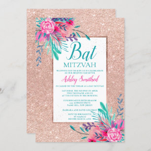 Rose gold glitter floral watercolor Bat Mitzvah Invitation