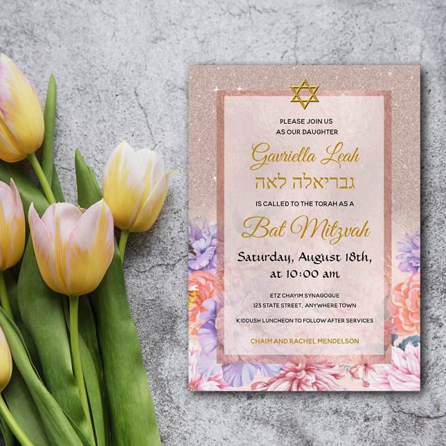Rose Gold Glitter Flowers Star Jewish Bat Mitzvah Invitation (Creator Uploaded)