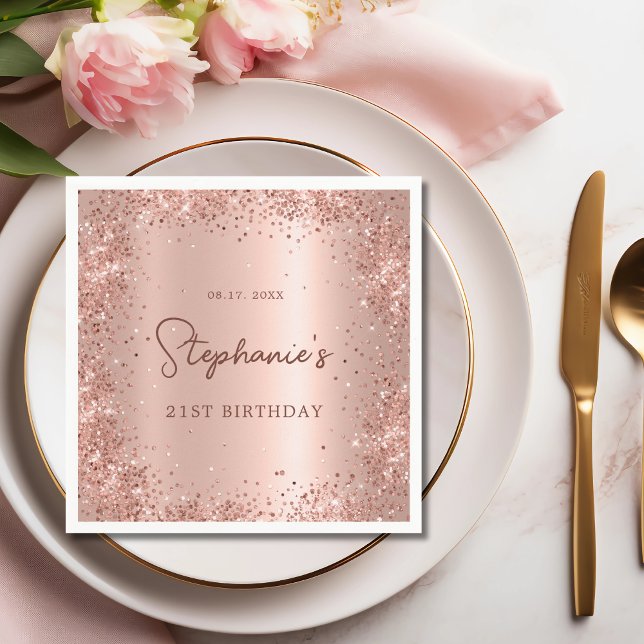 Rose Gold Glitter Foil 21st Birthday Monogram Napkin (Creator Uploaded)