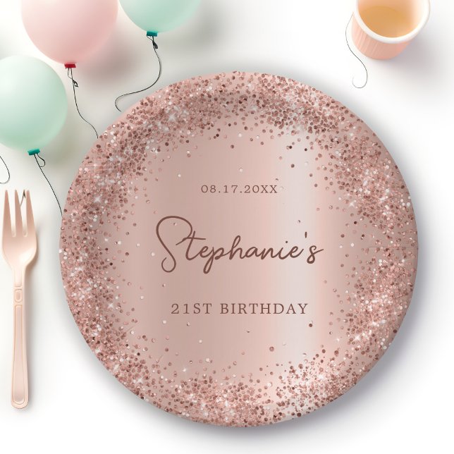 Rose Gold Glitter Foil 21st Birthday Monogram Paper Plate (Creator Uploaded)