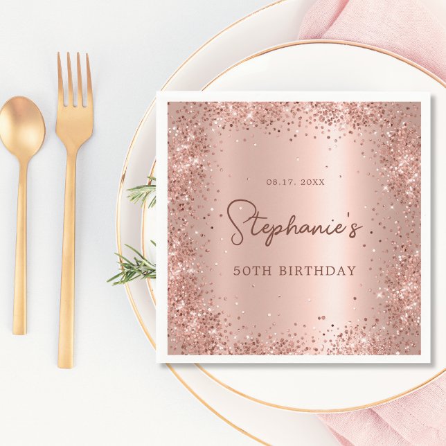 Rose Gold Glitter Foil 50th Birthday Monogram Napkin (Creator Uploaded)