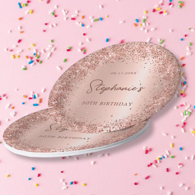Rose Gold Glitter Foil 50th Birthday Monogram Paper Plate (Creator Uploaded)