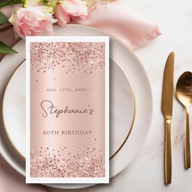 Rose Gold Glitter Foil 80th Birthday Monogram Napkin (Creator Uploaded)