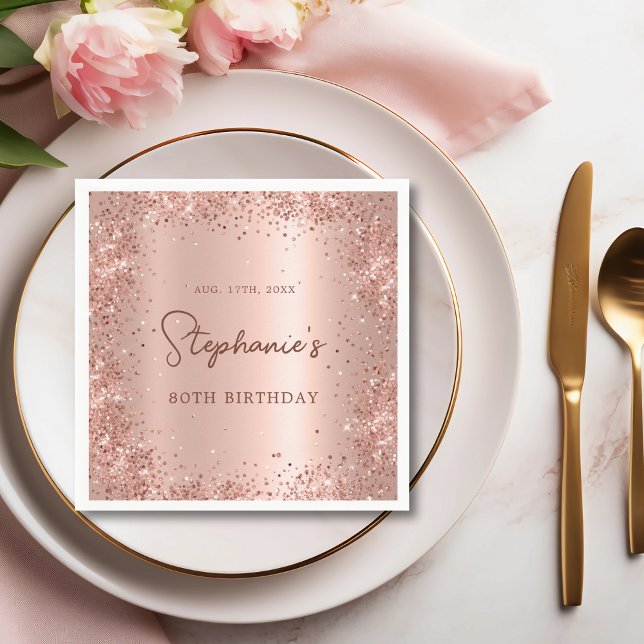 Rose Gold Glitter Foil 80th Birthday Monogram Napkin (Creator Uploaded)