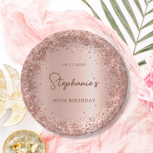 Rose Gold Glitter Foil 90th Birthday Monogram Paper Plate (Creator Uploaded)