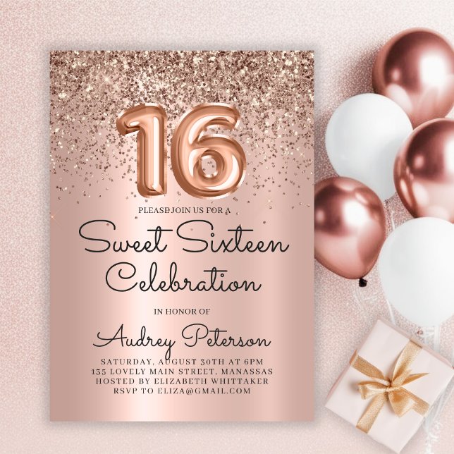 Rose Gold Glitter Foil Balloon Sweet 16th Birthday Invitation (Creator Uploaded)