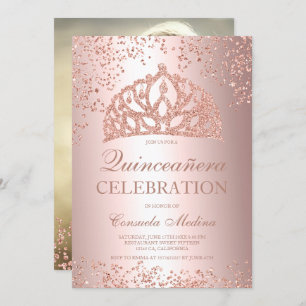 Rose gold glitter foil photo tiara Quinceañera Invitation
