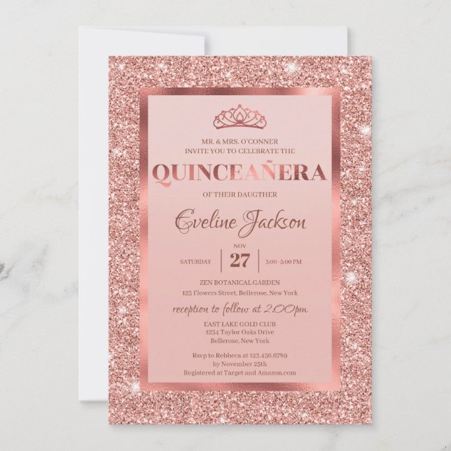 Rose gold glitter foil princess tiara quinceanera invitation (Front)