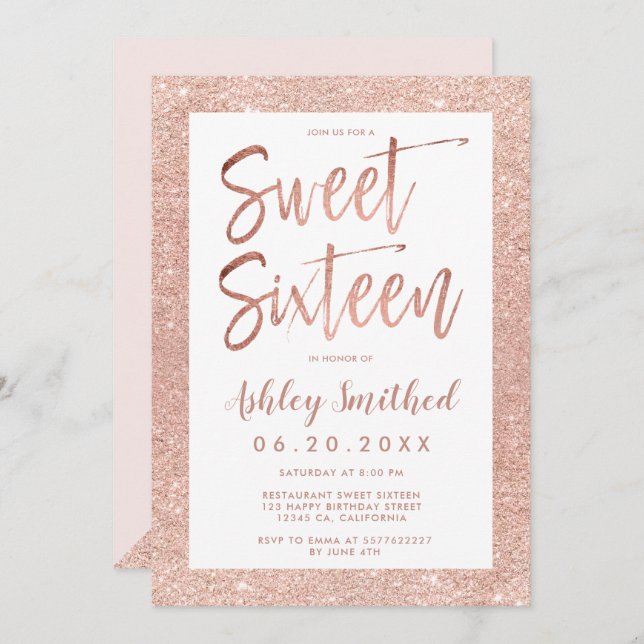 Rose gold glitter frame blush pink sweet sixteen invitation (Front/Back)