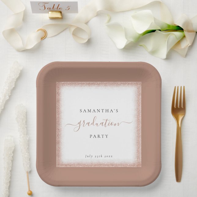 Rose Gold Glitter Frame Name Date Graduation Party Paper Plate (Wedding)