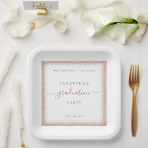Rose Gold Glitter Frame Name Date White Grad Party Paper Plate